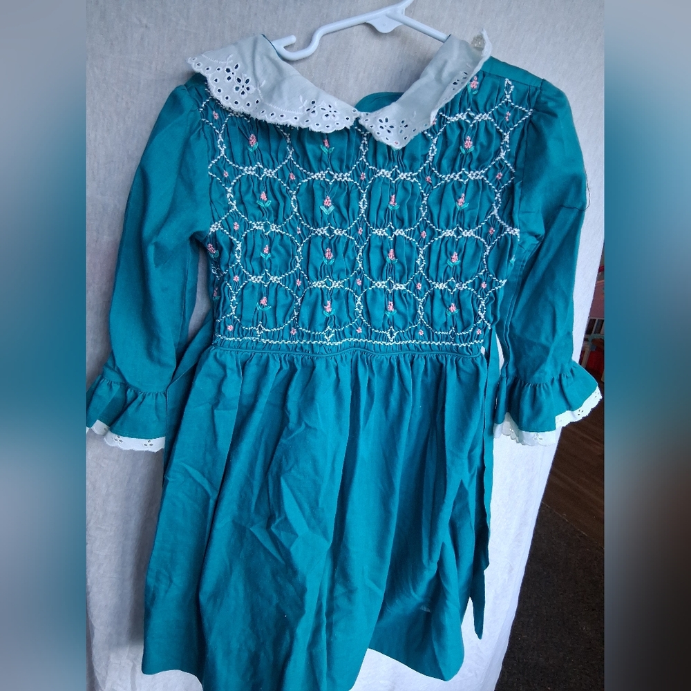 Teal Long Sleeve Kids Top with Lace Collar